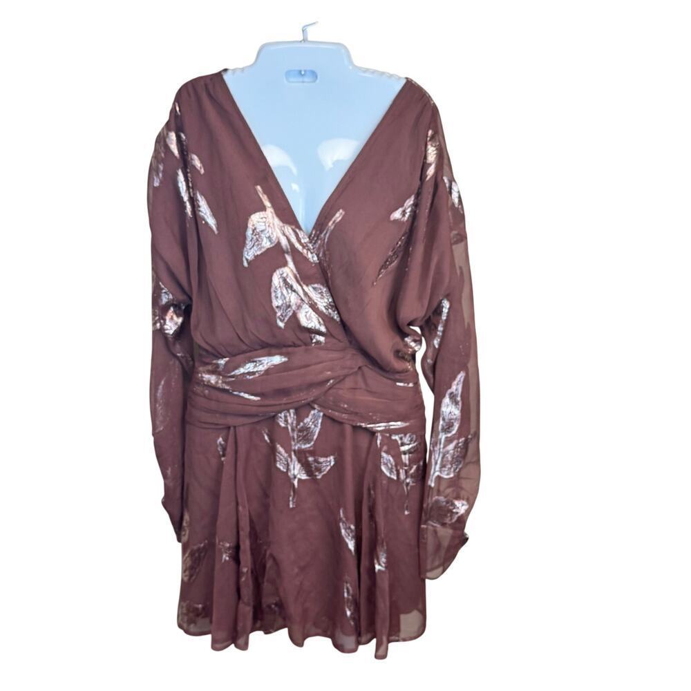New ASOS‎ DESIGN Wrap Mini Dress Mocha Gold Metallic Floral Sheer Back Sz 14